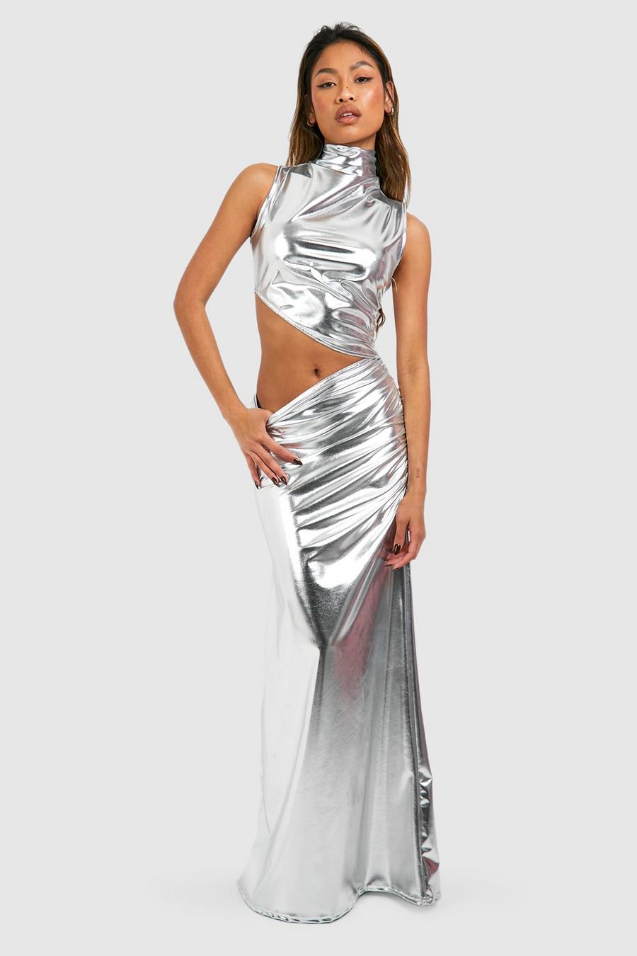Silver Metallic Pu High Neck Cut Out Maxi Dress image number 1