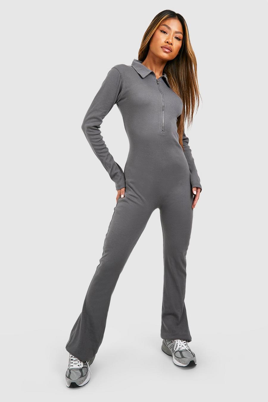 Charcoal Zip Front Rib Flared Leg Jumpsuit image number 1