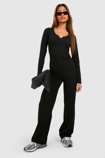 Notch Neck Cotton Wide Leg Jumpsuit black