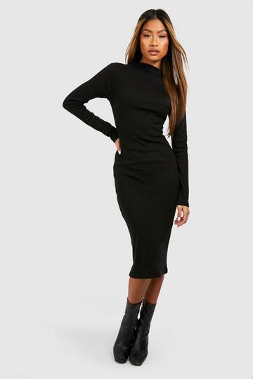 Black Funnel Neck Rib Long Sleeve Midi Dress