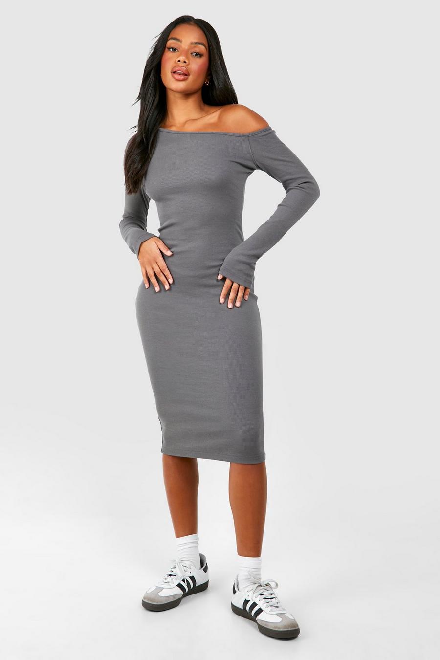 Charcoal Assymetric Rib Long Sleeve Midi Dress image number 1