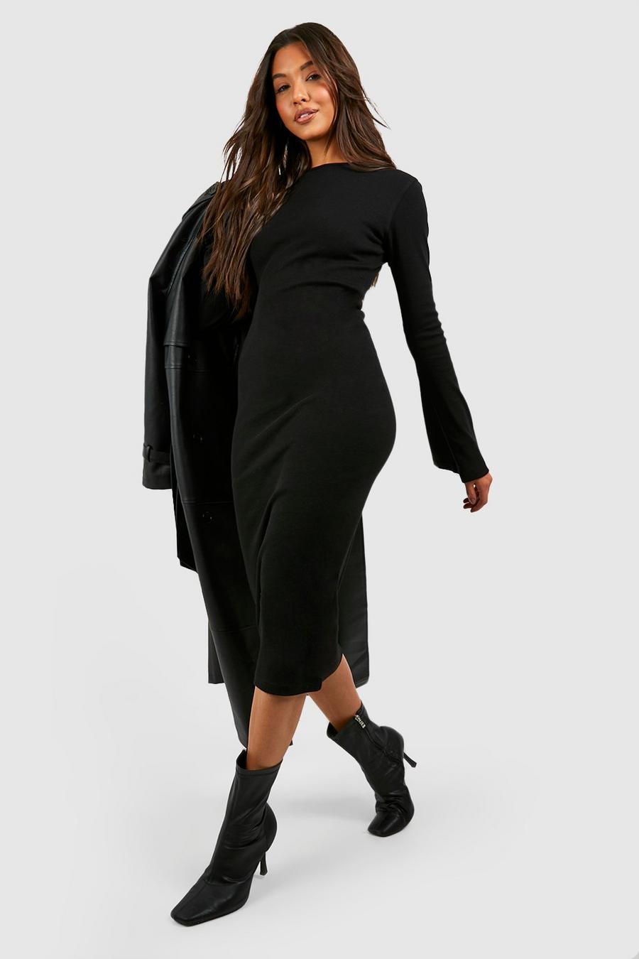 Black Rib Flare Sleeve Midi Dress image number 1