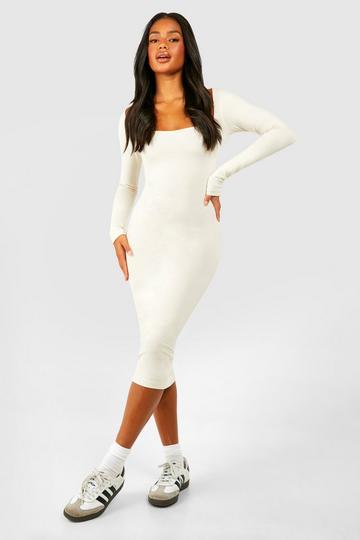 Stone Beige Sweetheart Cotton Long Sleeve Midi Dress