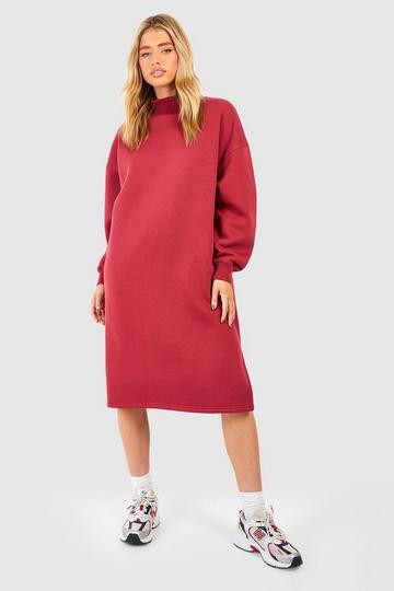 Burgundy Red Funnel Neck Oversized Sweat Midi Dress