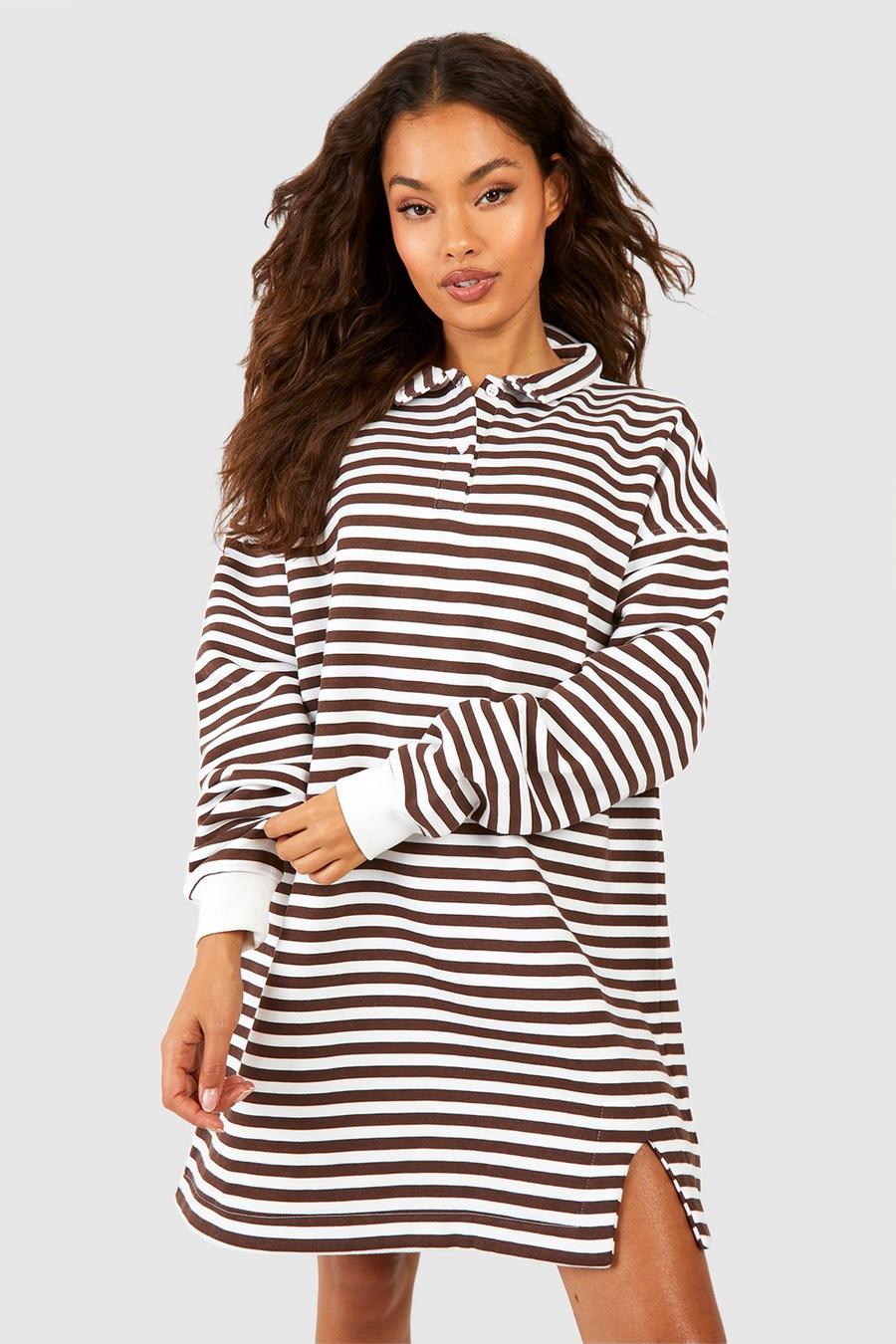 Chocolate Rugby Collar Stripe Sweat Dress image number 1