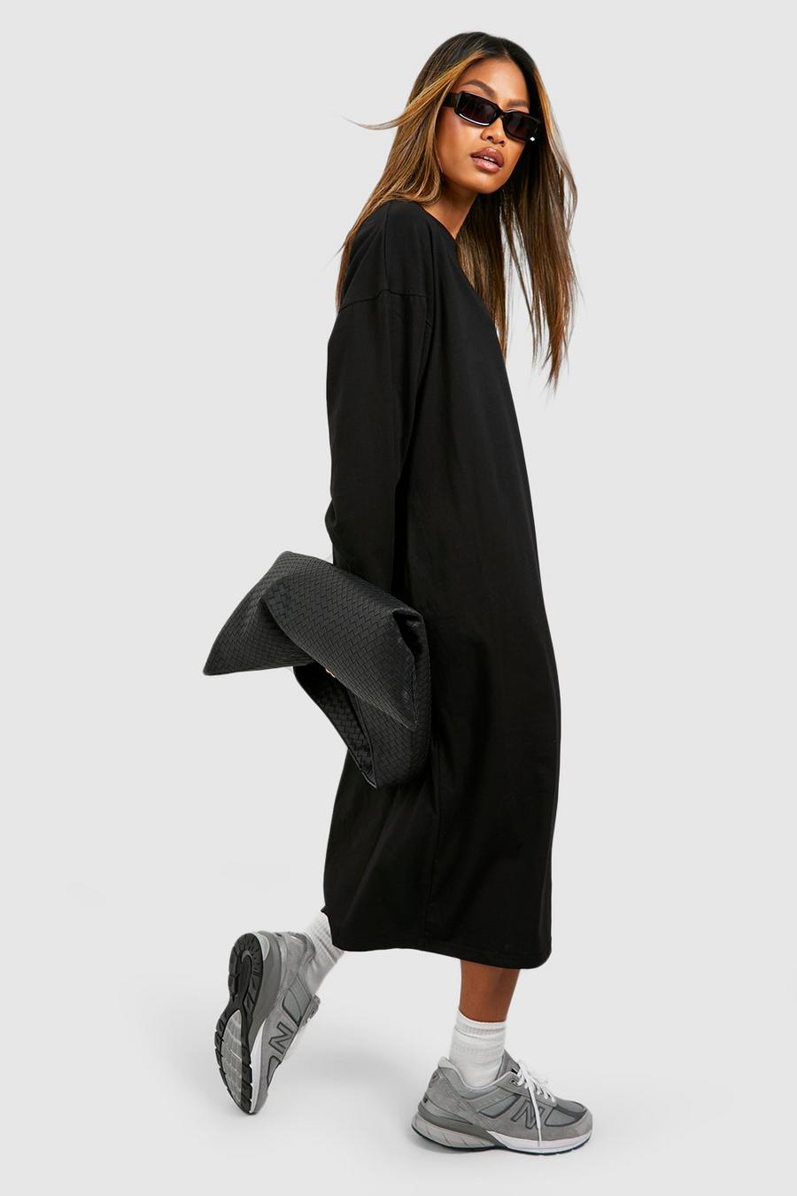Black Oversized Long Sleeve T-shirt Midi Dress image number 1