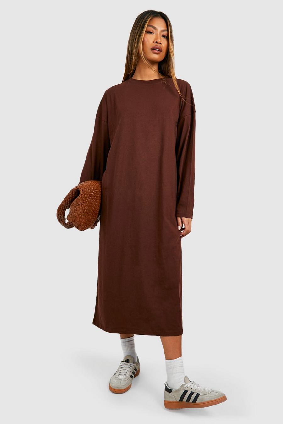 Chocolate Oversized Long Sleeve T-shirt Midi Dress image number 1