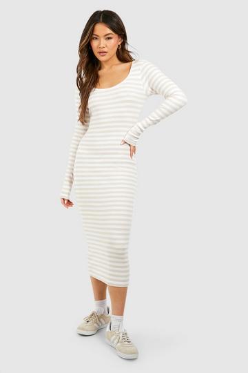 Scoop Neck Stripe Rib Midi Dress stone