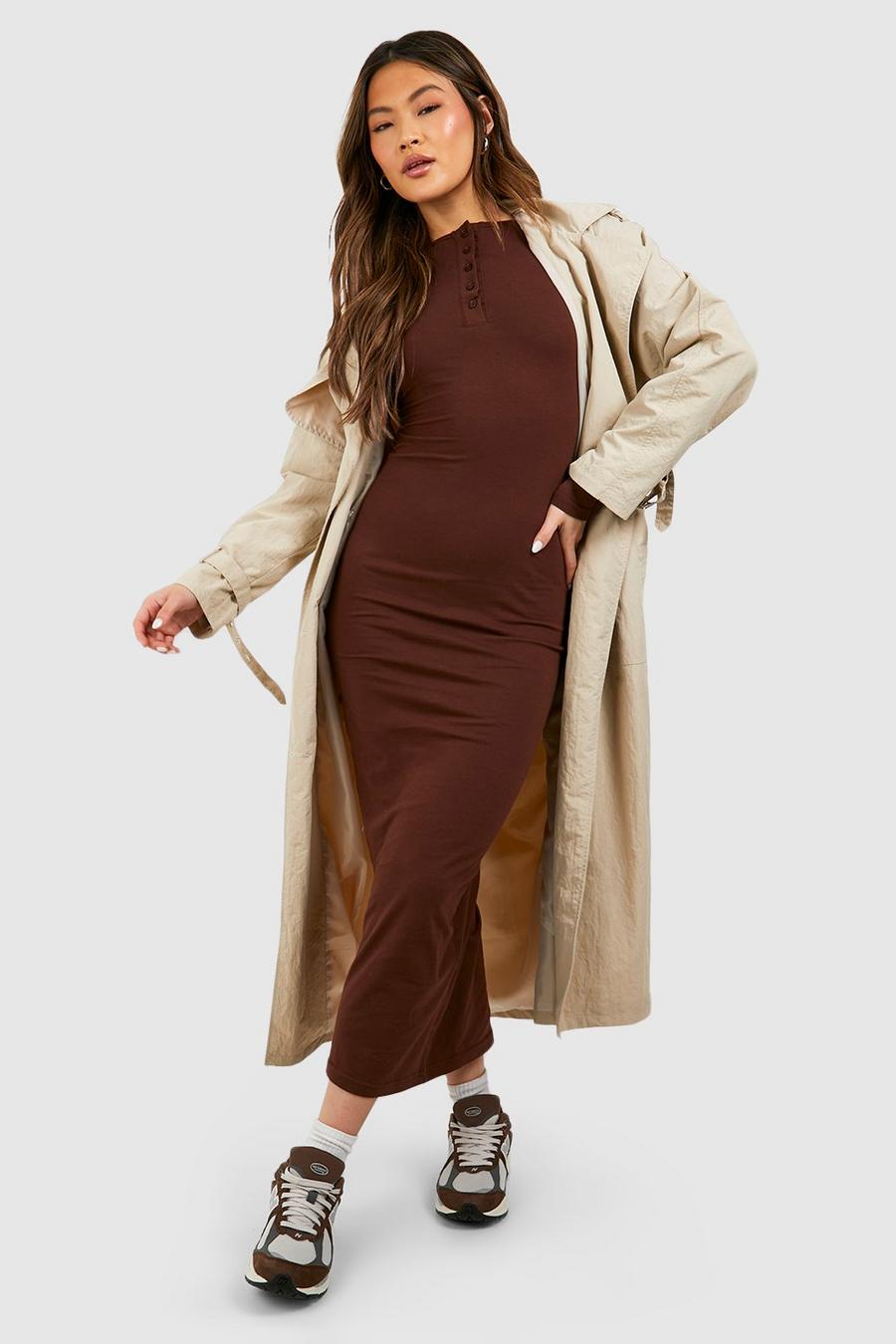 Chocolate Button Down Cotton Midi Dress image number 1