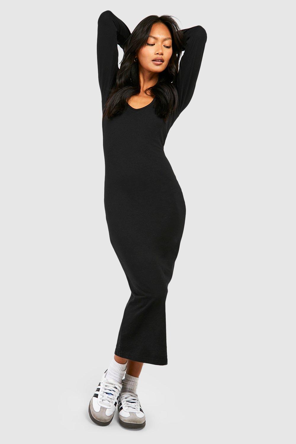 Black Scoop Neck Long Sleeve Bodycon Midi Dress