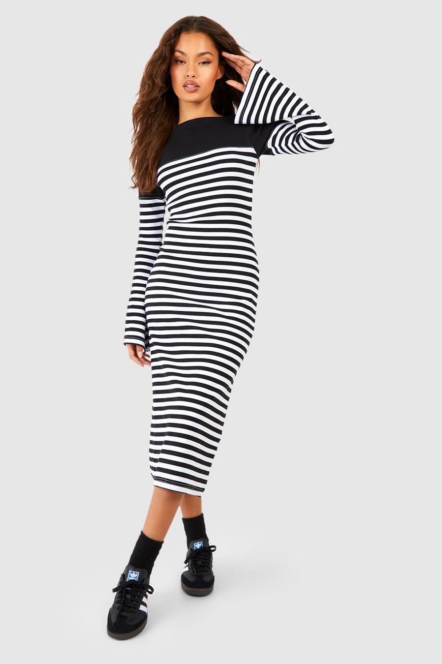 Black Stripe Rib Boat Neck Flare Sleeve Midi Dress image number 1