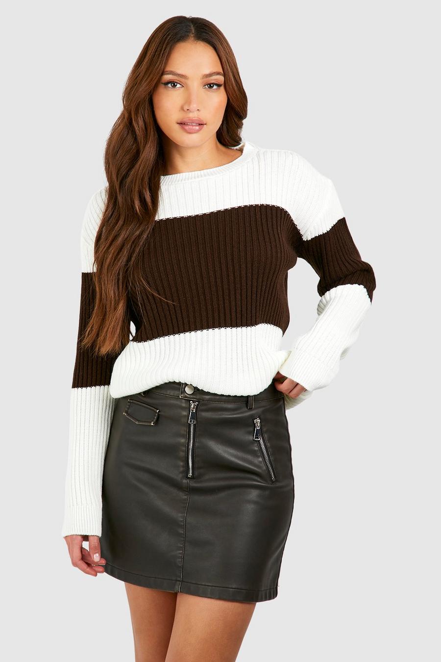 Chocolate marron Tall Colour Block Knitted Sweater