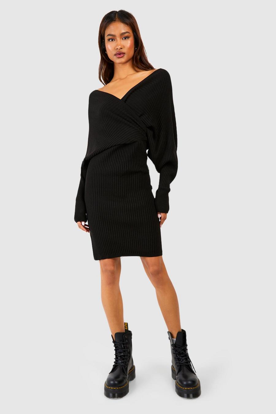 Black Tall Wrap Knitted Midi Dress