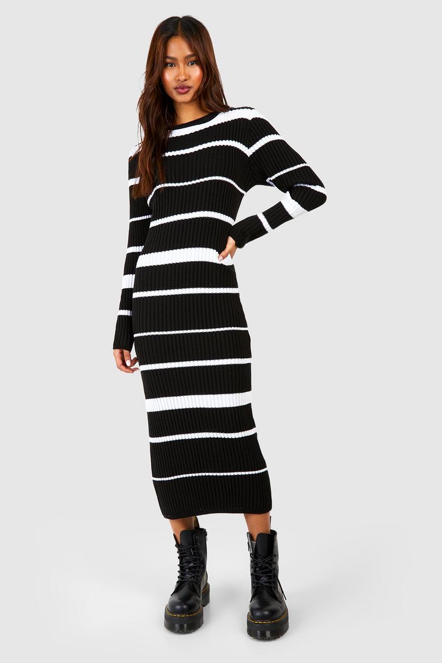 Black Tall Stripe Knitted Midi Dress