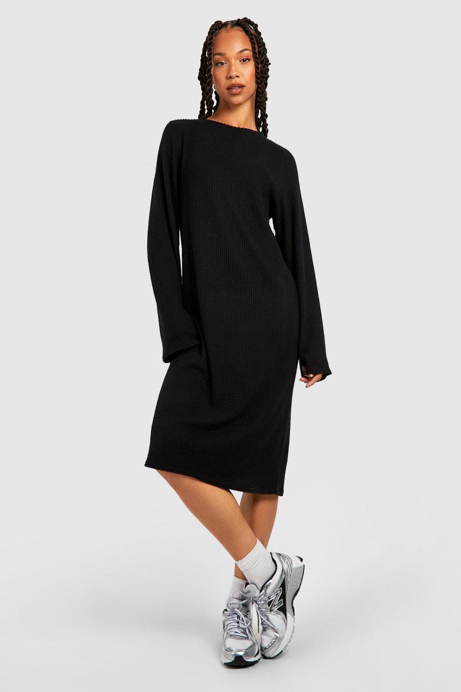 Black Tall Soft Knitted Rib Funnel Longsleeve Column Midi Dress