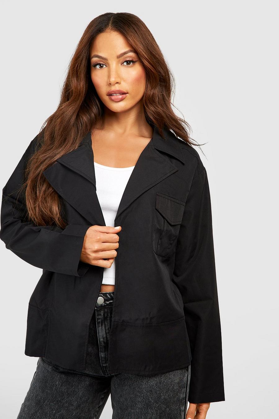 Black Tall Crop Belted Utility Trench Coat image number 1