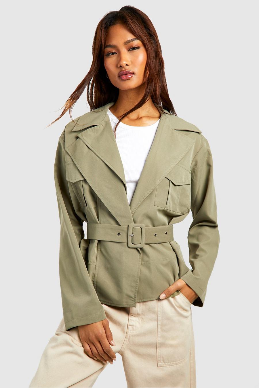 Khaki Tall Crop Belted Utility Trench Coat image number 1