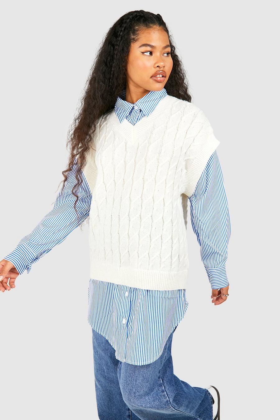 Blue Petite Cable Knit Mock Layer Shirt 