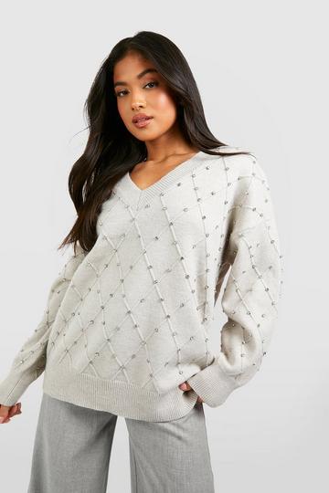 Grey Petite Diamonte V Neck Sweater