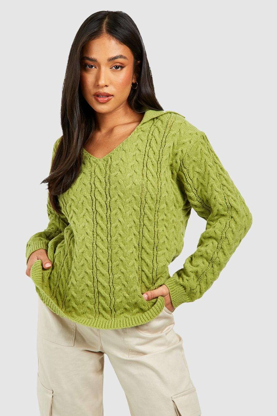 Olive Petite Cable Knit Collar Detail Jumper 