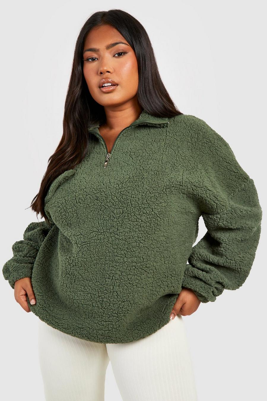 Khaki Plus Sweatshirt i teddy med fickor och kort dragkedja image number 1
