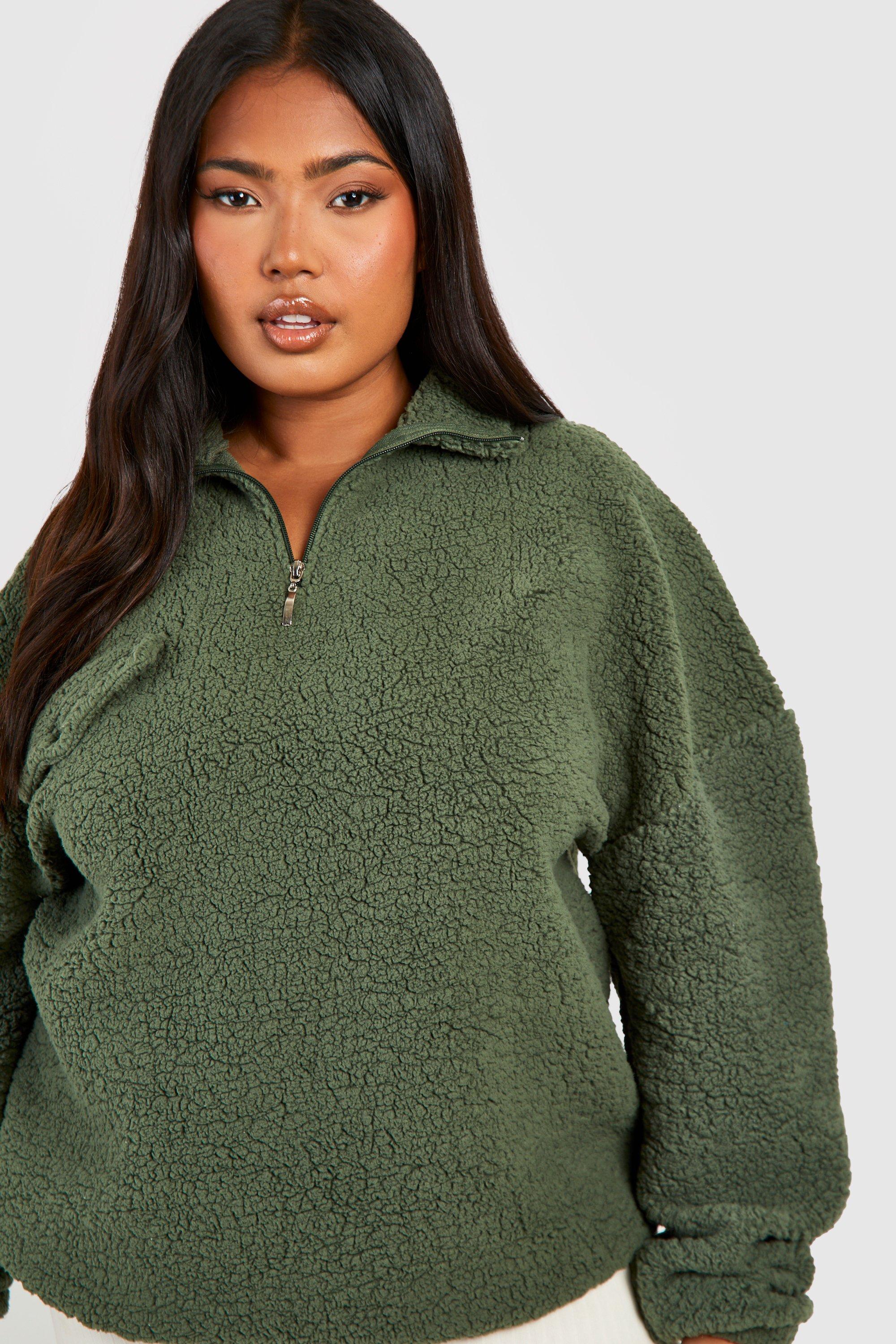 Khaki Plus Borg Pocket Detail Half Zip Sweatshirt