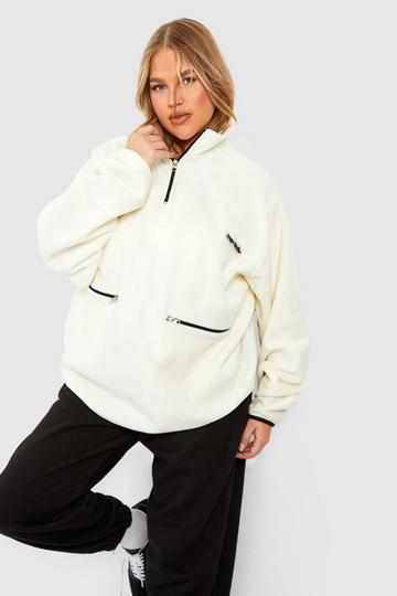 Cream White Plus Polar Fleece Contrast Half Zip Oversized Sweatshirt