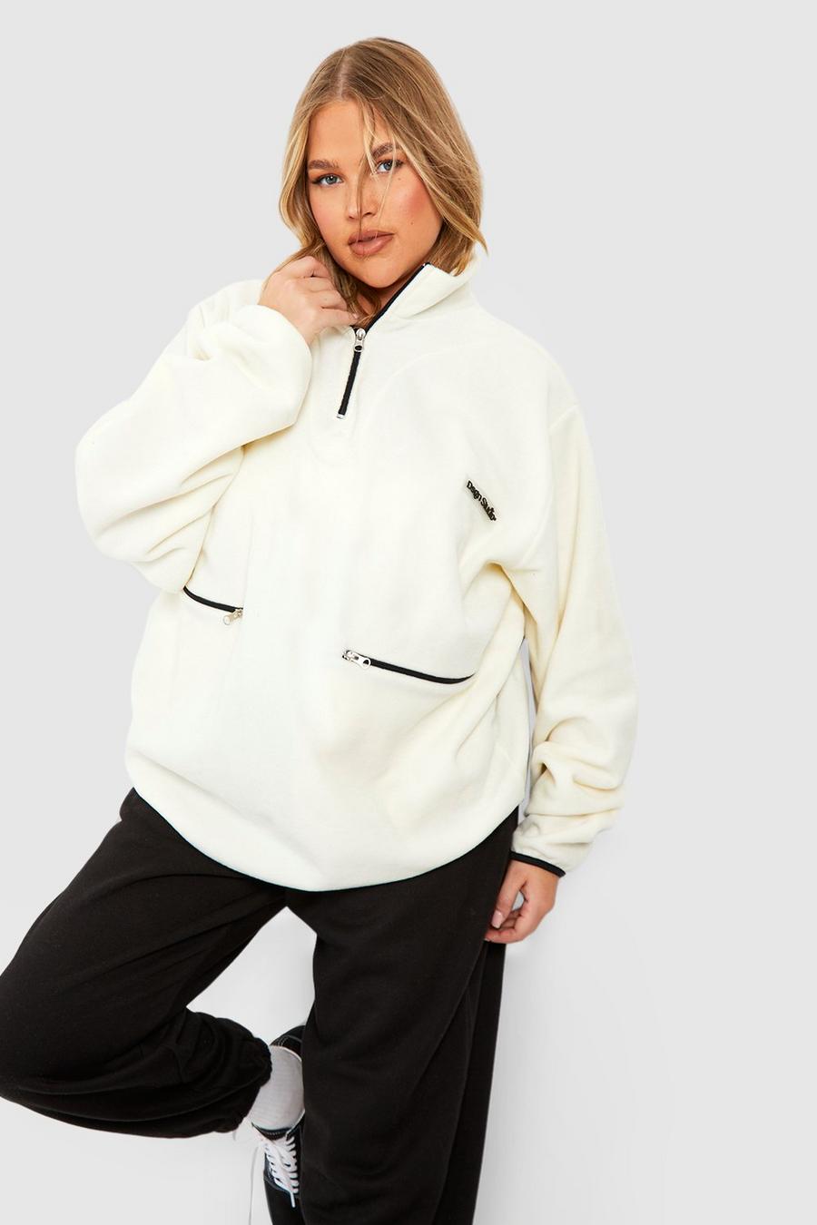 Sudadera Plus oversize de forro polar en contraste con cremallera a la mitad, Cream