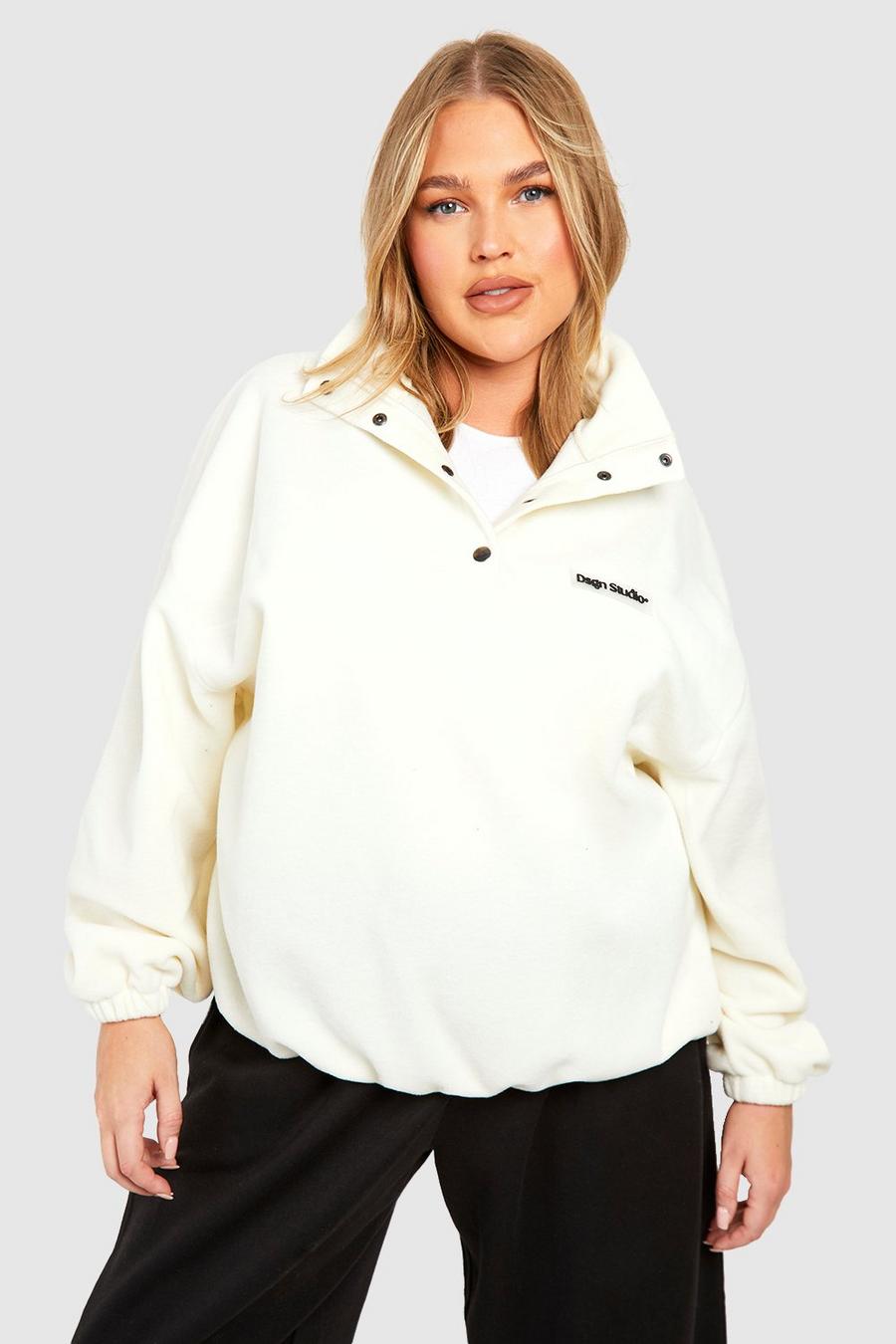 Plus Oversize Fleece-Sweatshirt mit halbem Reißverschluss, Cream image number 1