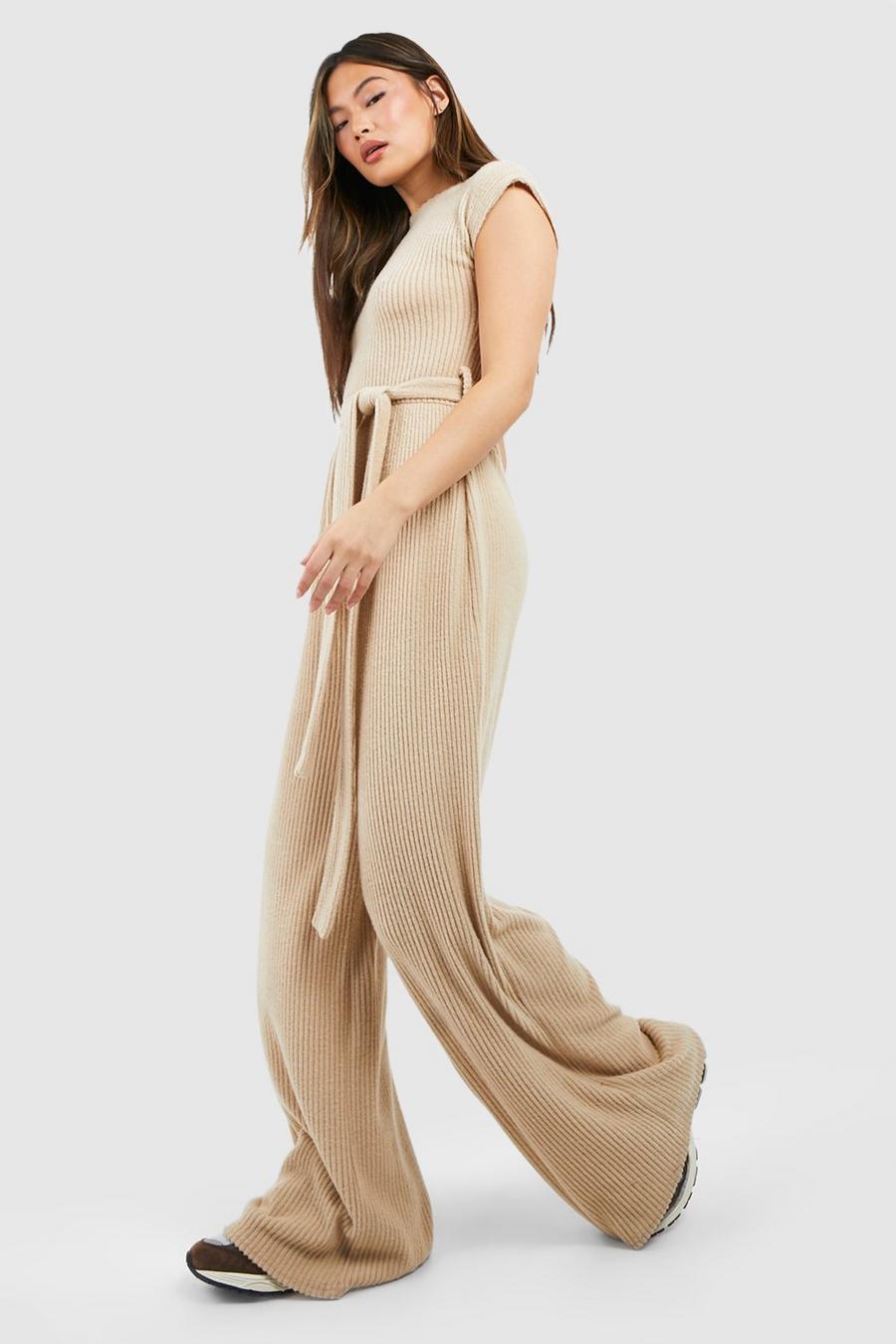 Stone Zachte Geborstelde Geribbelde Baggy Jumpsuit Met Ceintuur