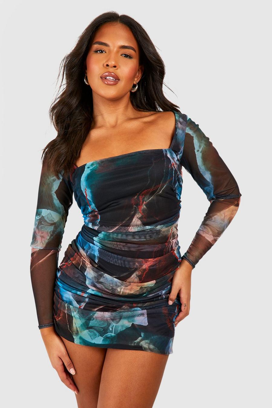 Brown Plus Abstract Print Mesh Bodycon Dress image number 1