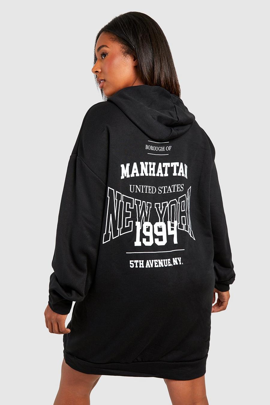 Vestito in felpa Plus Size con slogan New York e cappuccio, Black