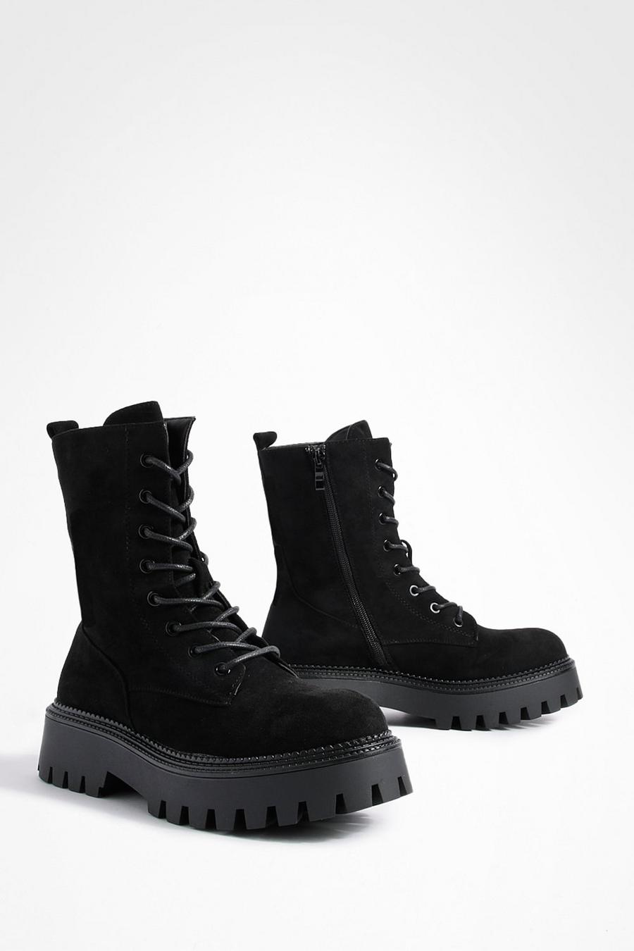 Black Super Chunky High Ankle Lace Up Boots