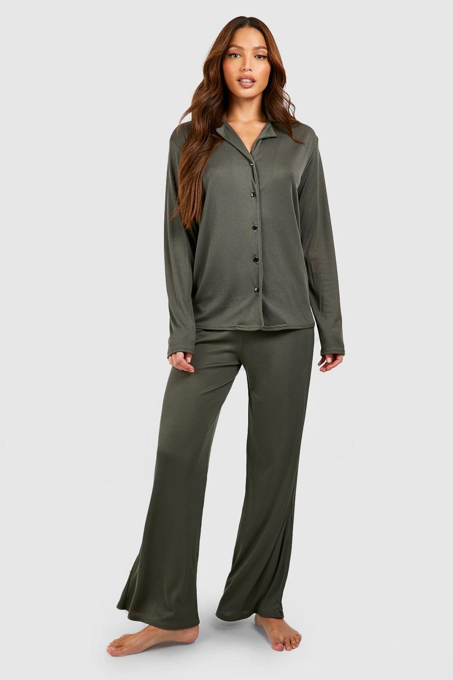 Khaki Tall Ribbad pyjamasskjorta i jersey med knappar image number 1