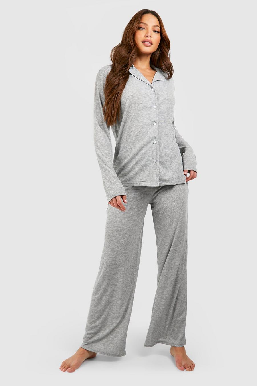 Pantalón Tall de pijama de canalé y tela jersey con pernera ancha, Light grey image number 1