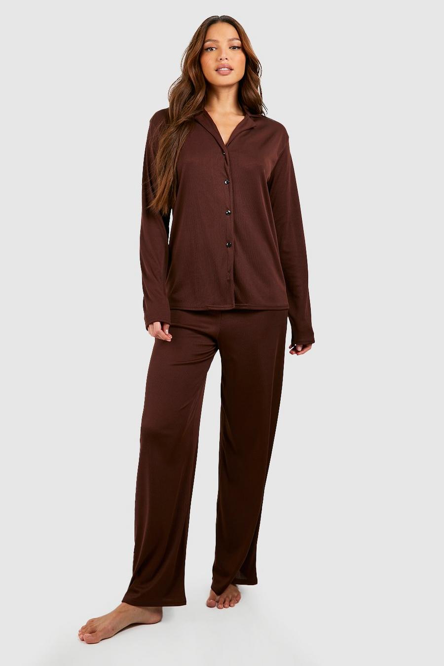 Camicia del pigiama Tall a maniche lunghe in jersey a coste, Chocolate image number 1