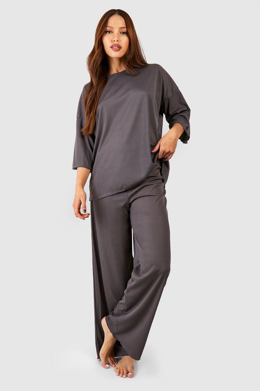 Charcoal Tall Wide Leg Rib Lounge Trousers image number 1
