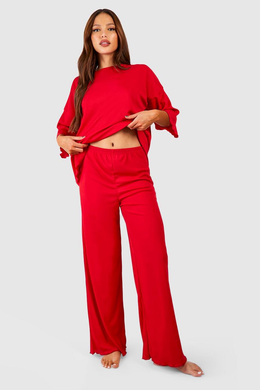 Red Tall Wide Leg Rib Lounge Pants image number 1