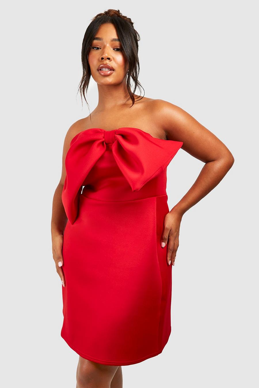 Red Plus Knälång off shoulder-klänning med rosett image number 1