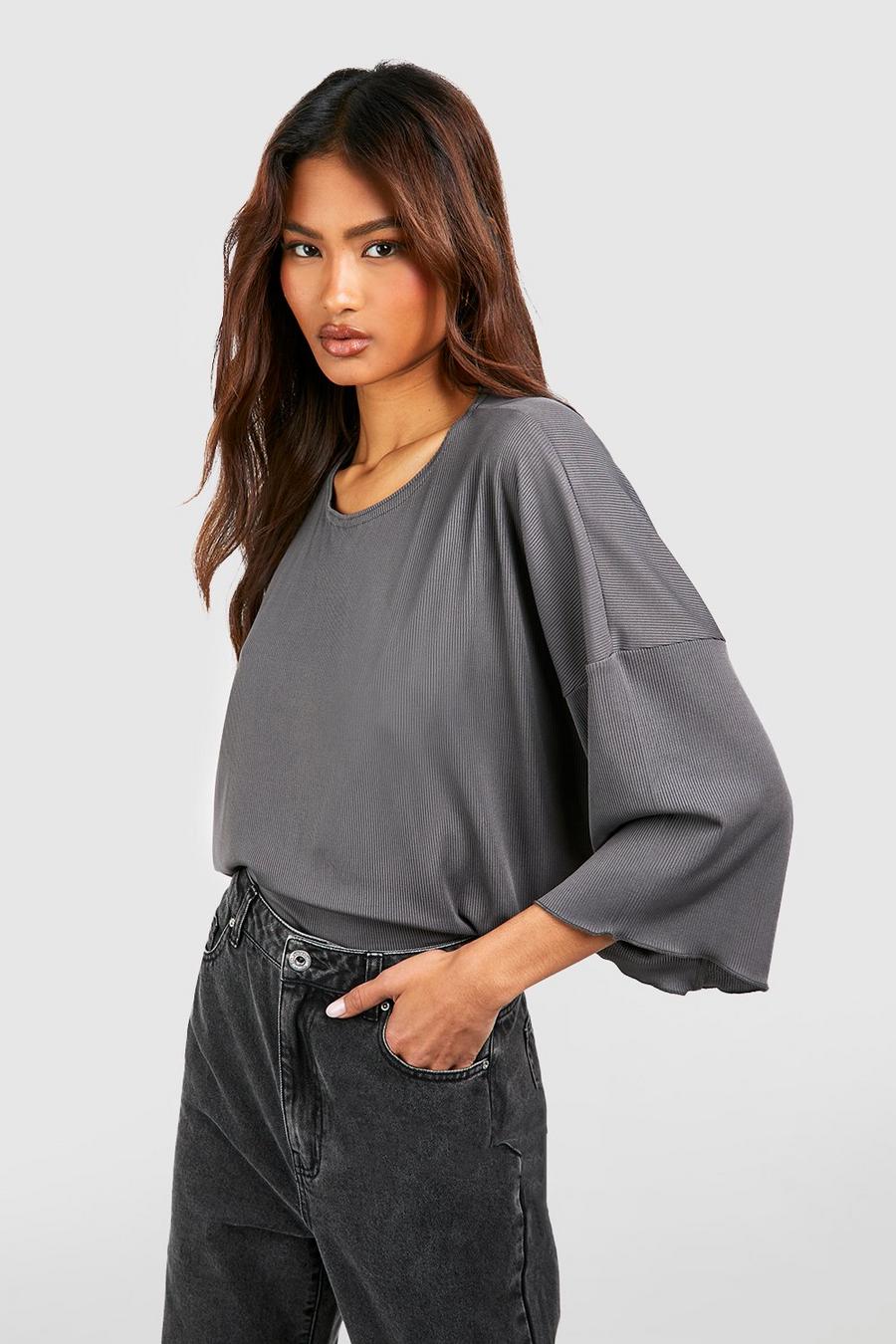 Charcoal Tall Rib Jersey Drop Shoulder Oversized Tshirt image number 1