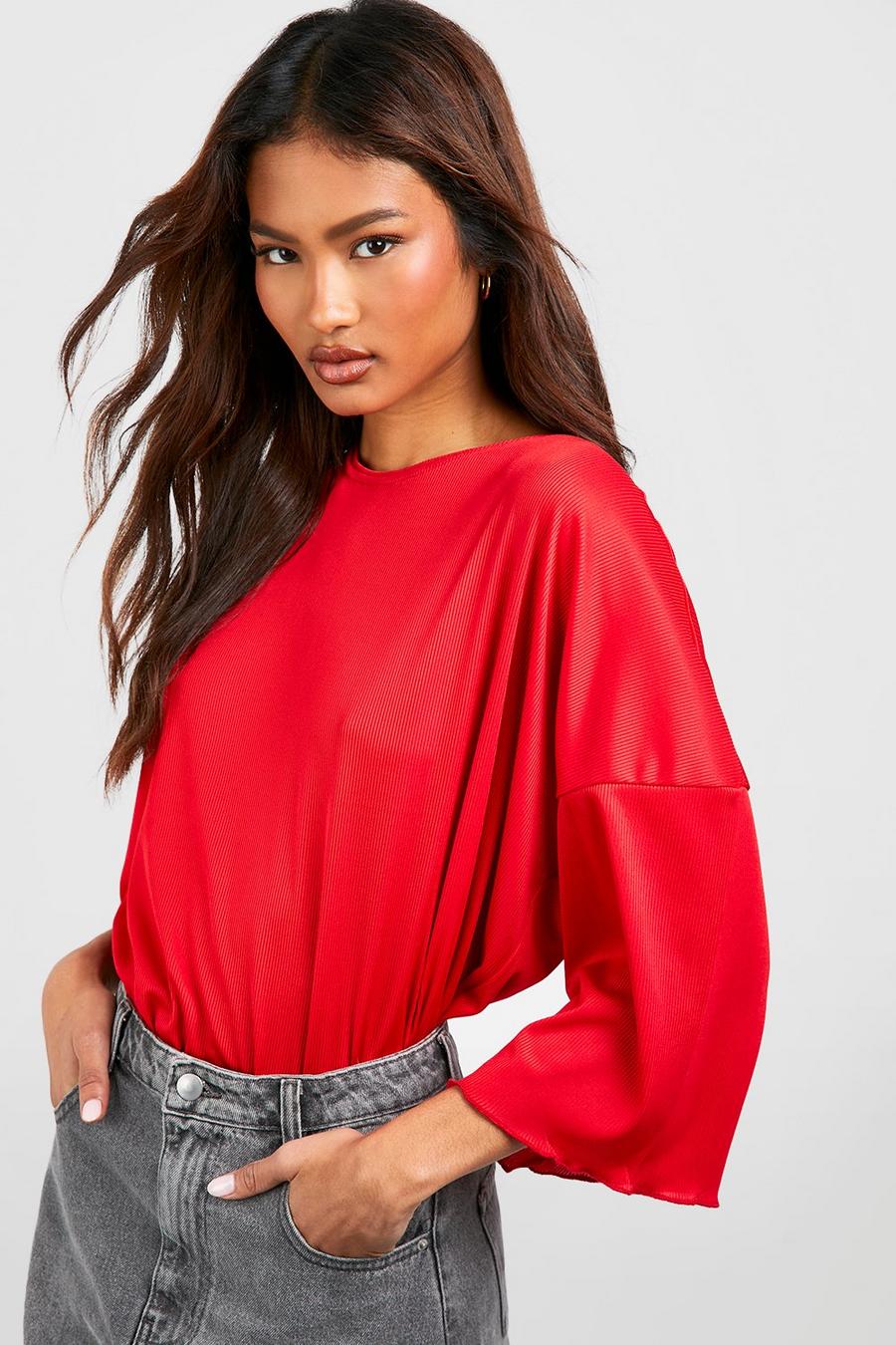 Red Tall Rib Jersey Drop Shoulder Oversized Tshirt image number 1