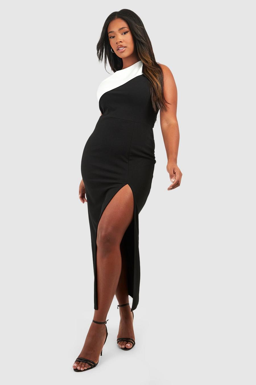 Black Plus Colour Block One Shoulder Split Midaxi Dress  image number 1