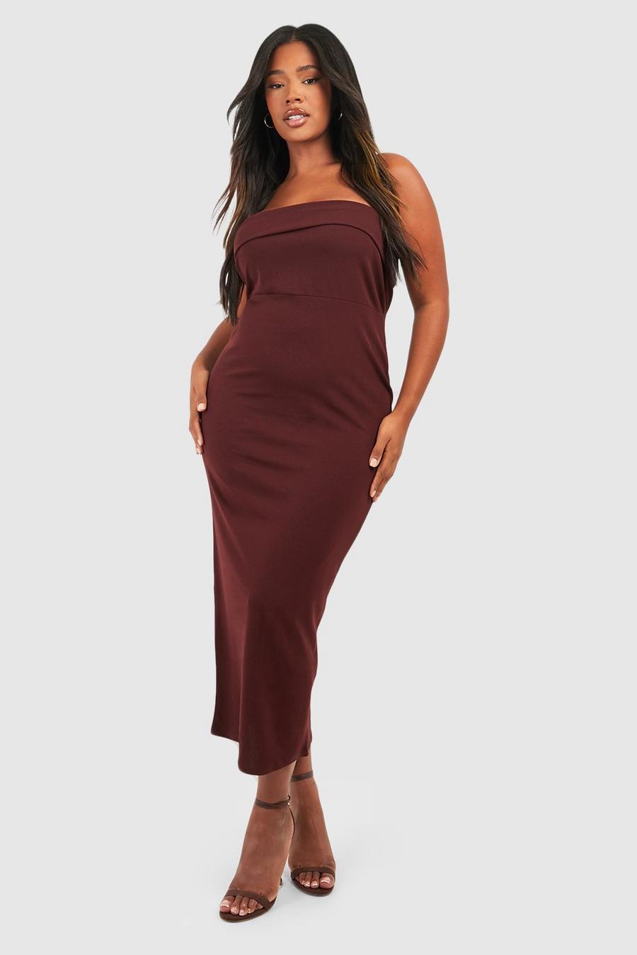 Chocolate brown Plus Bandeau Fold Over Detail Midaxi Dress