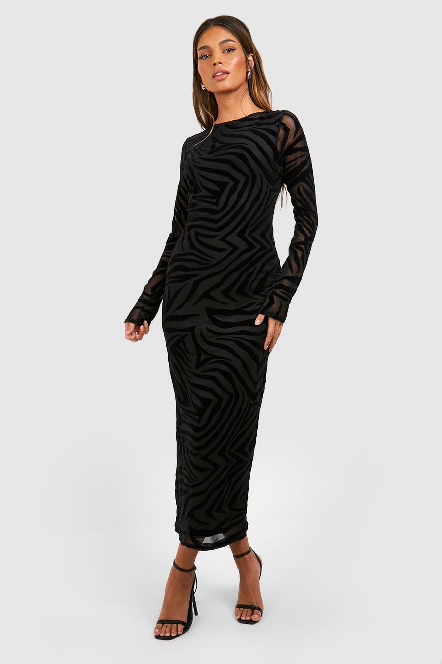Vestito longuette in devoré zebrato, Black image number 1