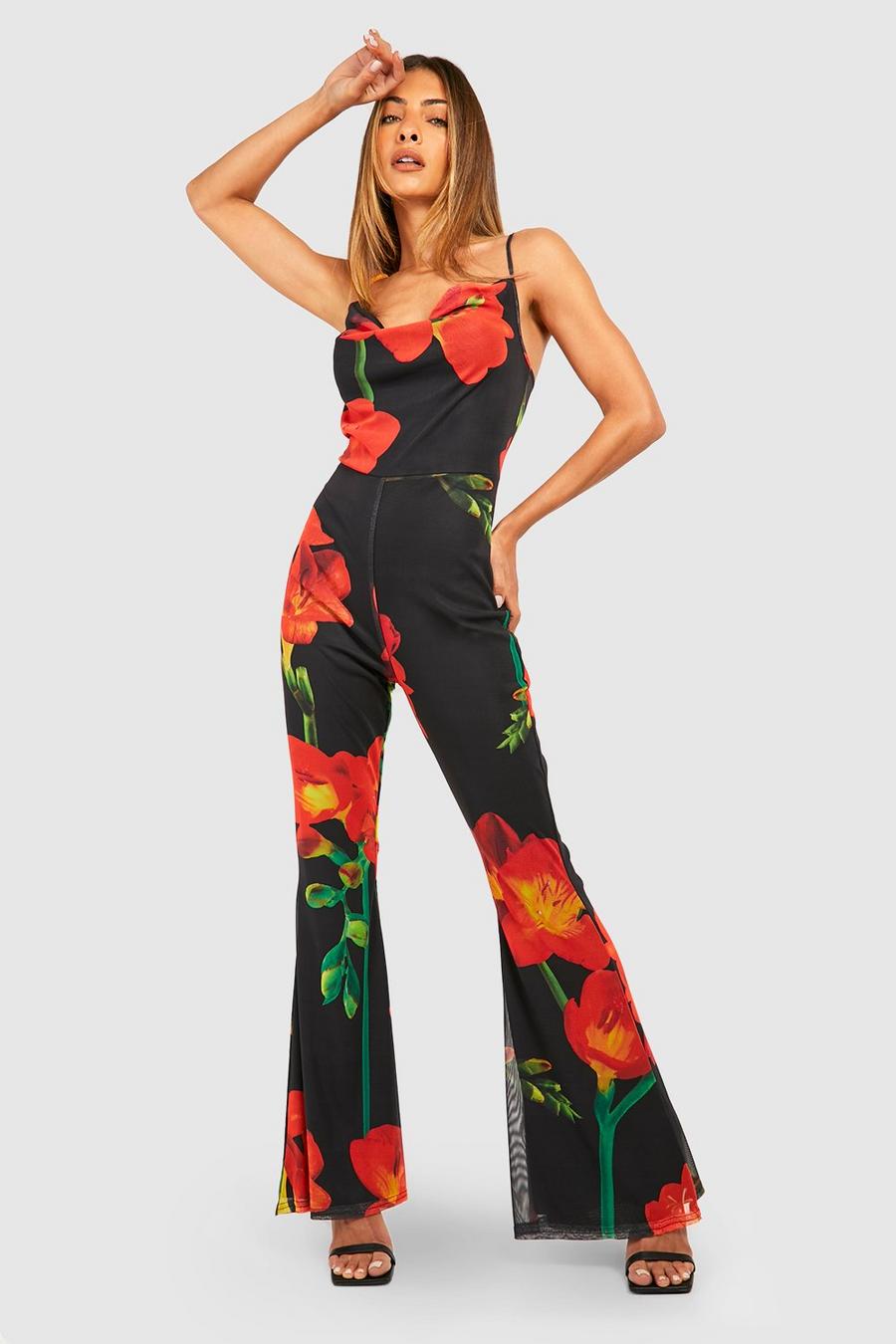 Exquisite Outing Pink Floral Print Tie-Strap Wide-Leg Jumpsuit