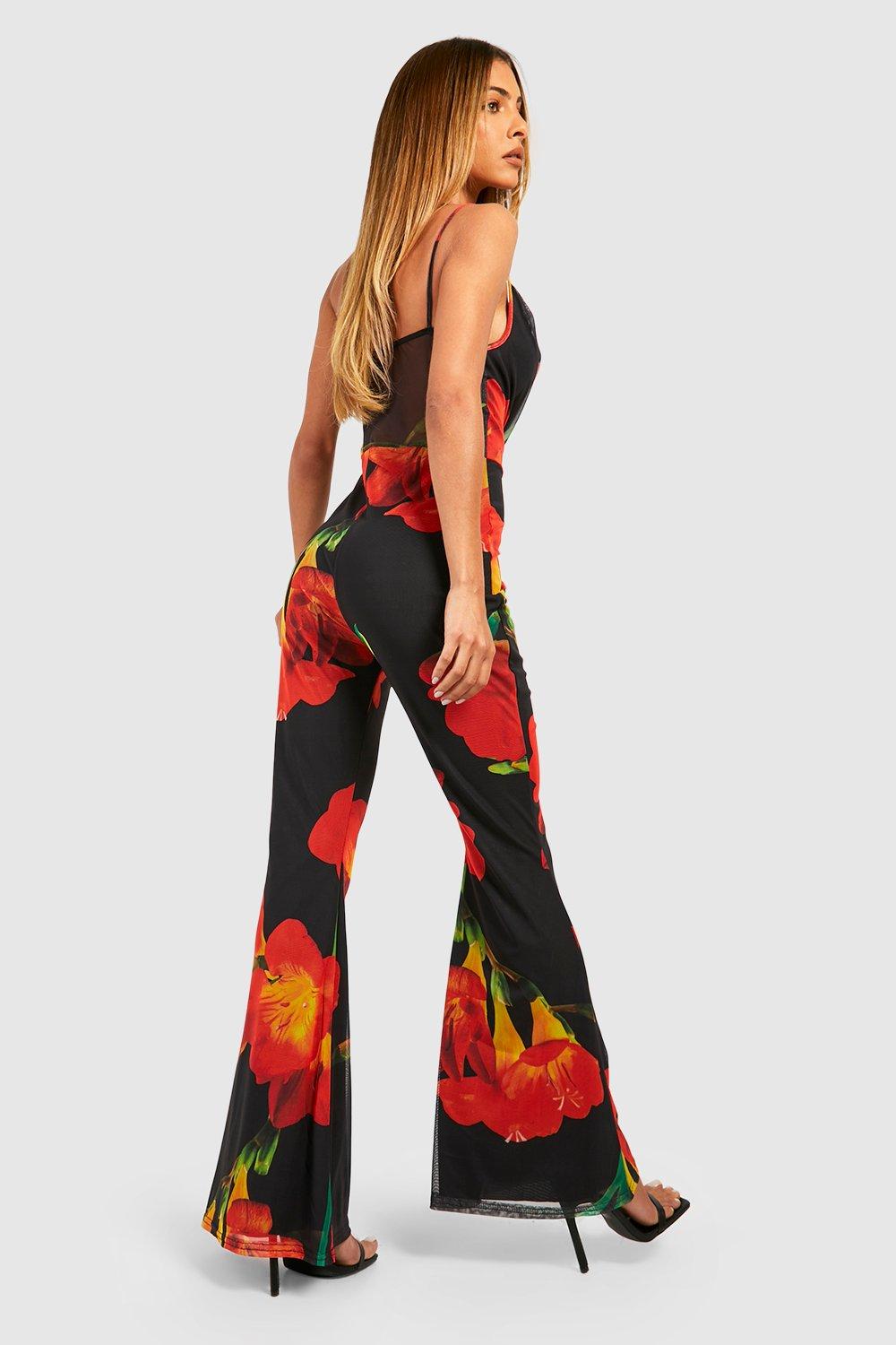 Floral Mesh Cowl Neck Jumpsuit