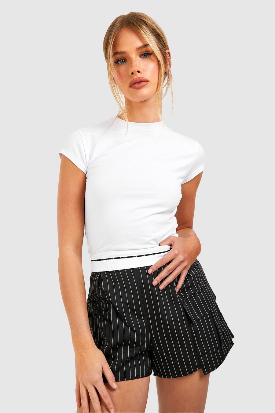 Black Wide Waistband Stripe Tailored Short image number 1