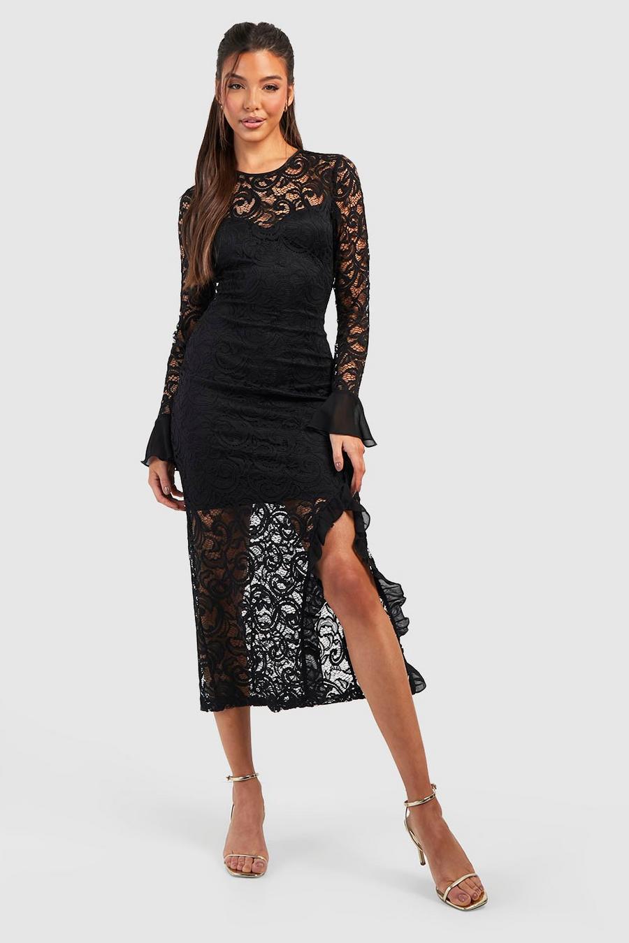 Black svart Lace Frill Cuff Midaxi Dress