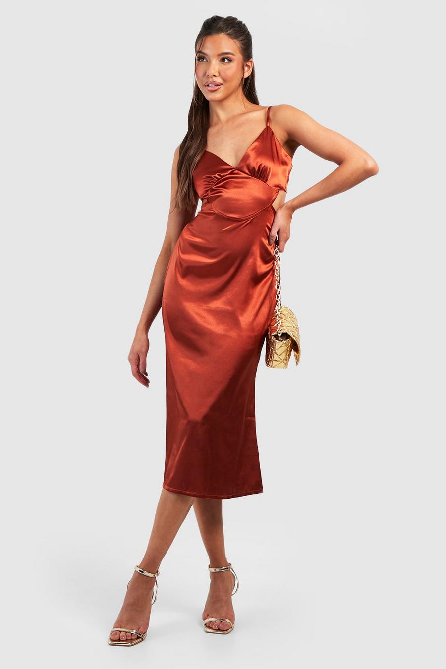 Copper orange Satin Open Back Midi Slip Dress