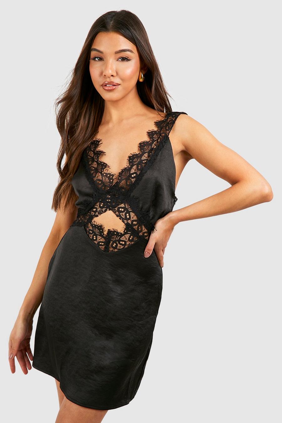 Black Satin Lace Trim Mini Slip Dress image number 1